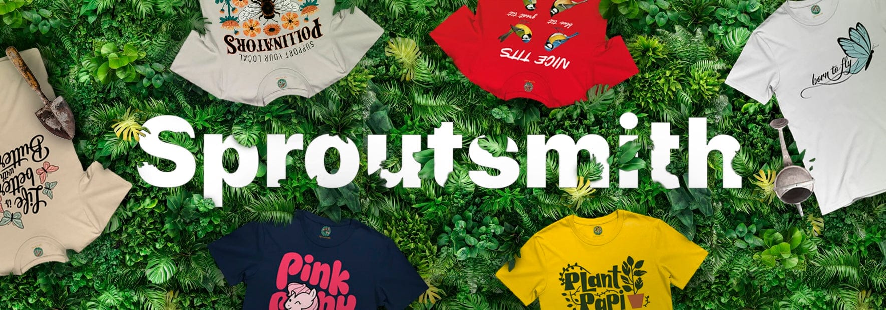 Sproutsmith t-shirts with nature-inspired designs scattered over a grass background, featuring the word Sproutsmith.